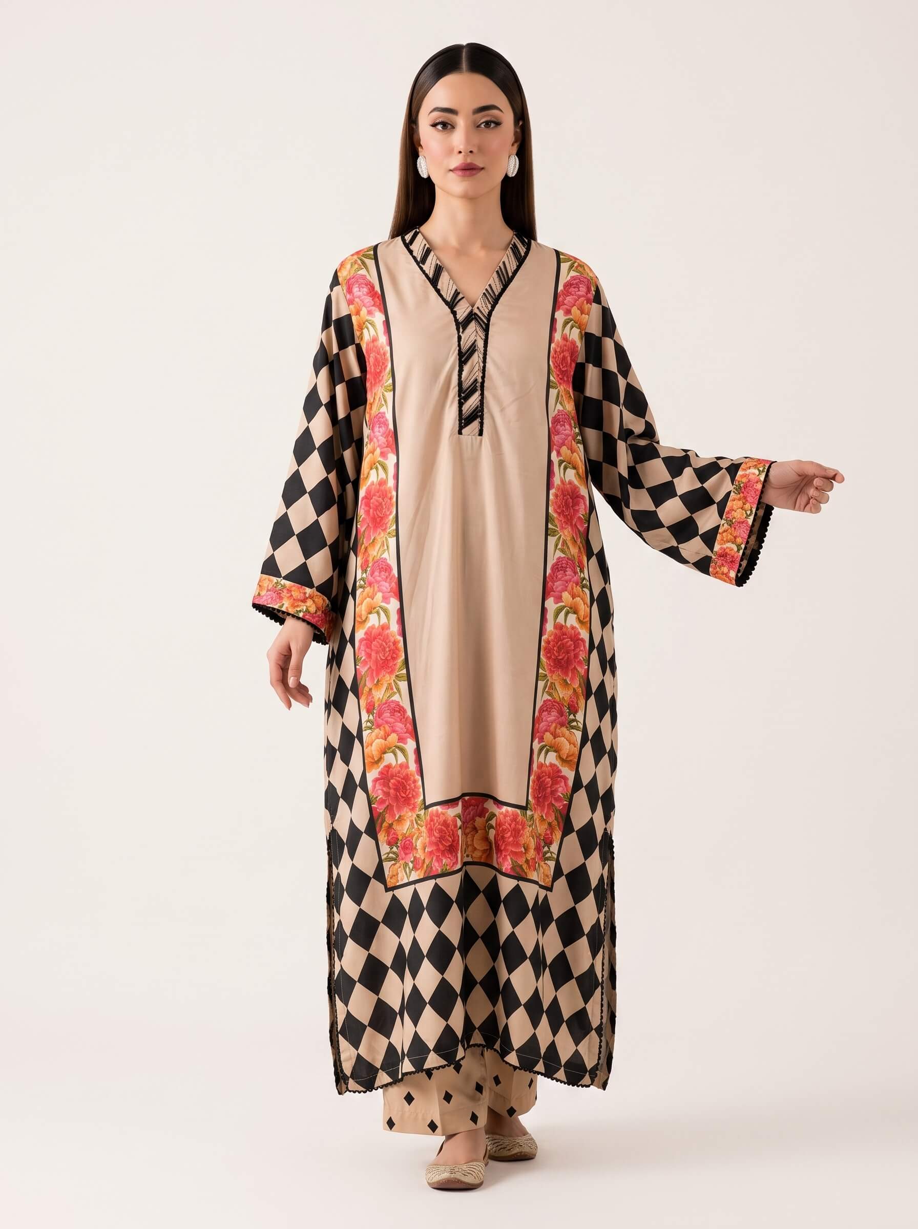 Rania Kaftan 2 Piece – Beige with Floral Print