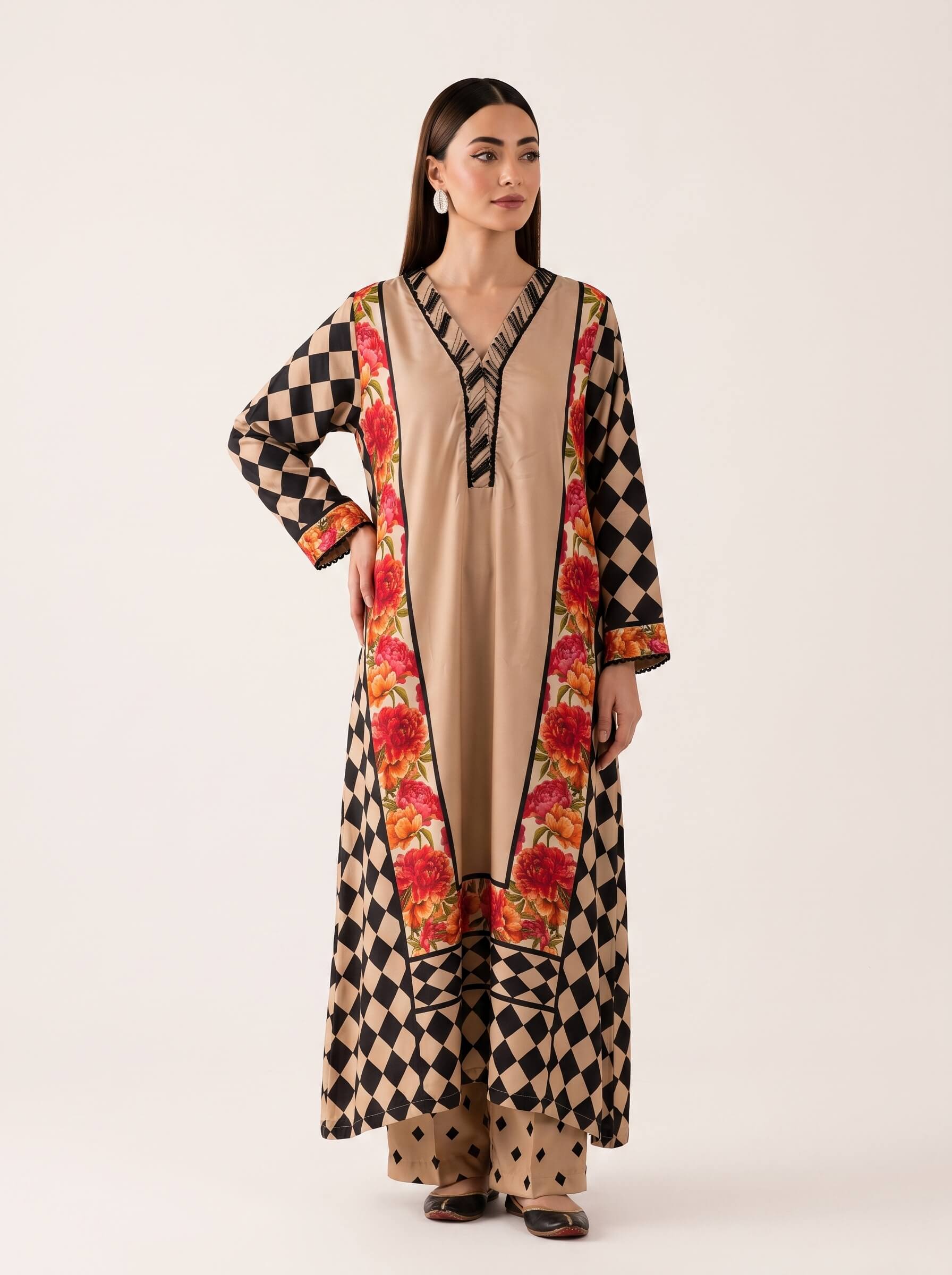 Rania Kaftan 2 Piece – Beige with Floral Print