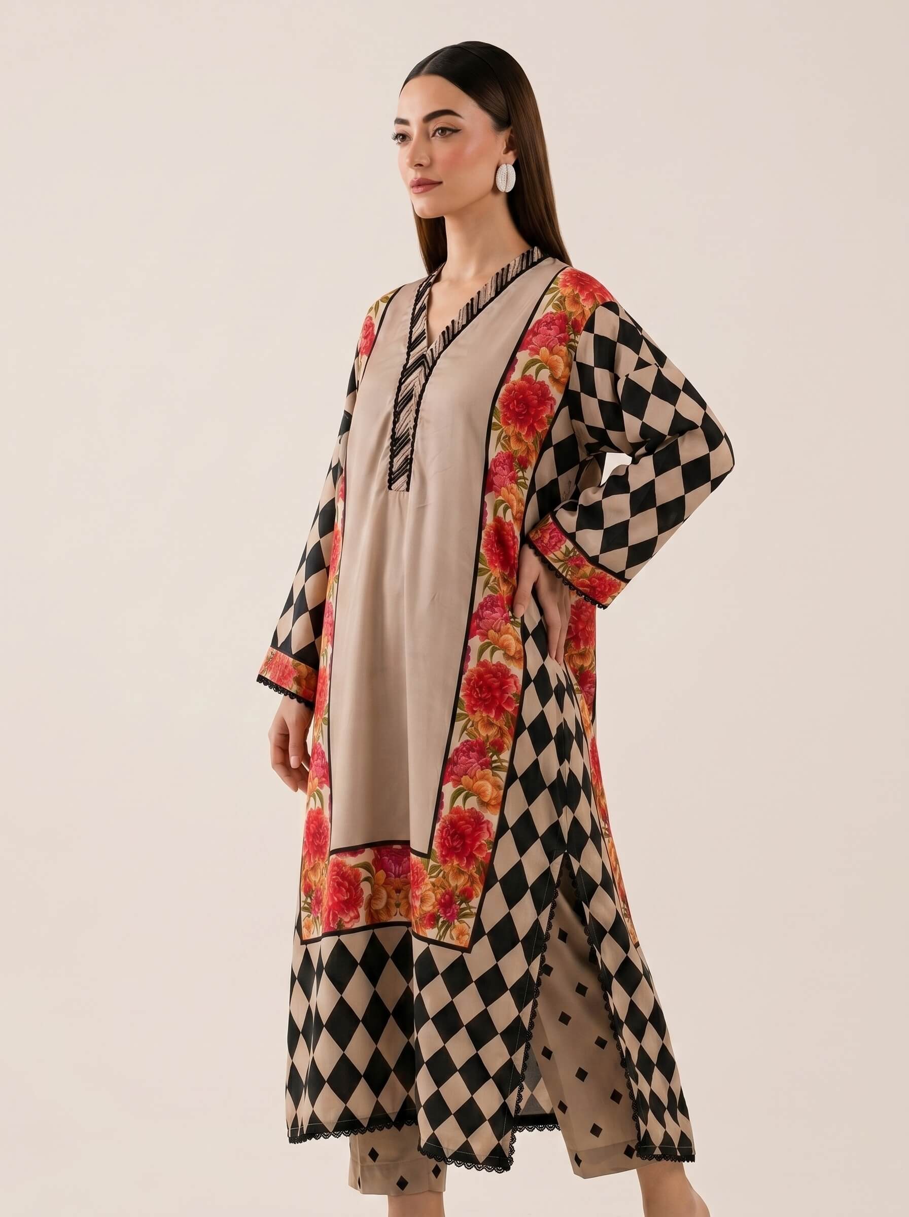 Rania Kaftan 2 Piece – Beige with Floral Print