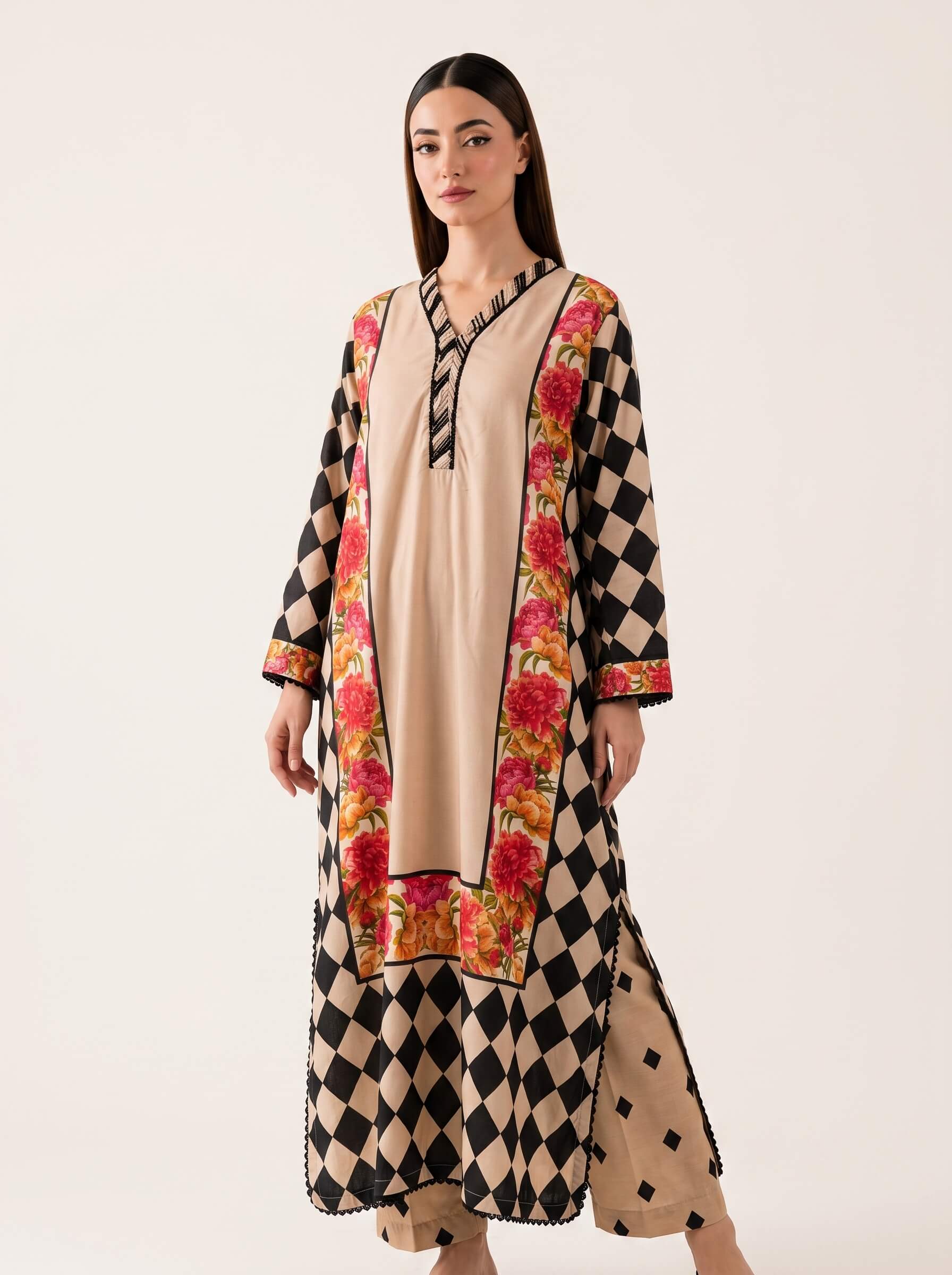 Rania Kaftan 2 Piece – Beige with Floral Print