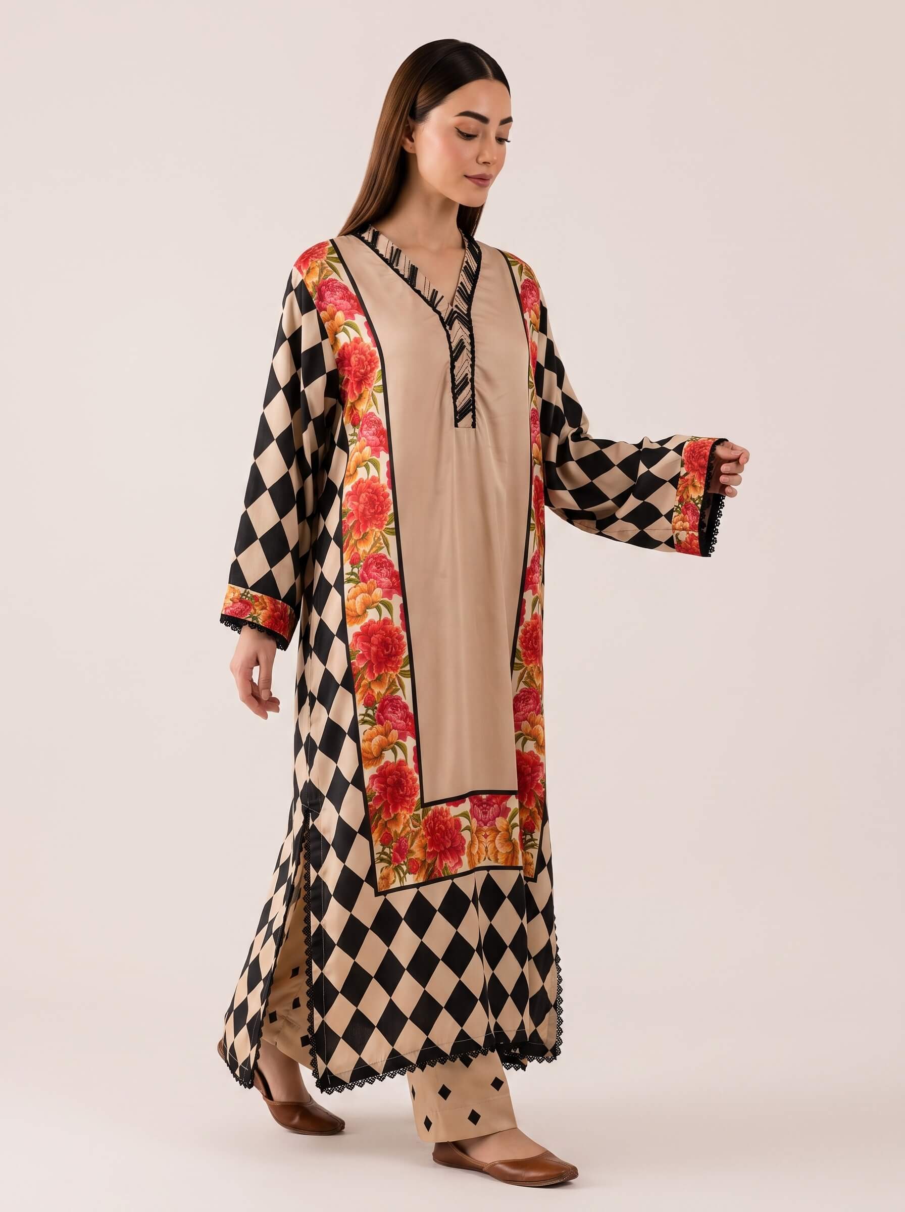Rania Kaftan 2 Piece – Beige with Floral Print