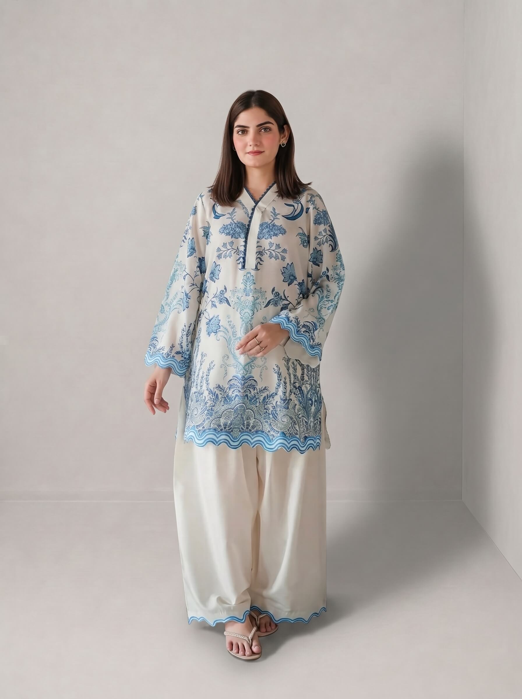A woman modeling a traditional South Asian outfit featuring a cream-colored kurta with blue floral embroidery and wide-leg cream trousers, standing against a neutral light gray studio background.