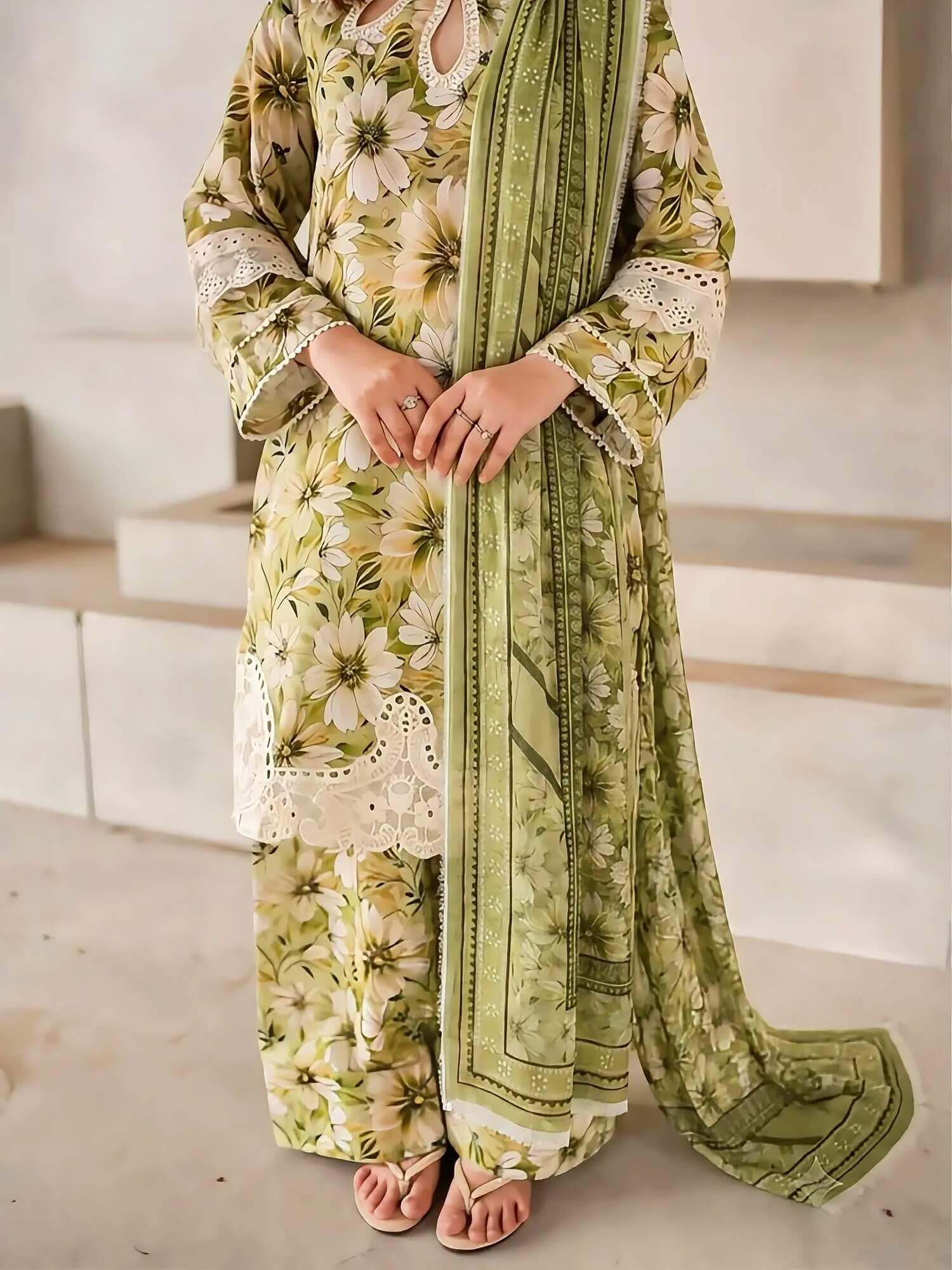 A woman wearing a traditional three-piece salwar kameez suit in olive green and beige with a floral print, featuring a matching dupatta, lace-trimmed kameez, and wide-leg trousers.